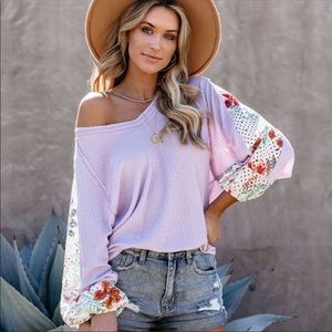 Lilac eyelet thermal knit top purple contrast boho